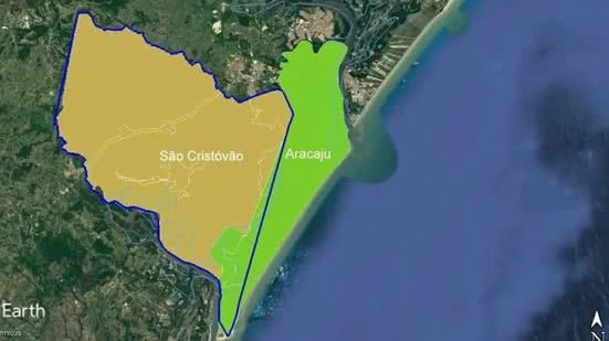 Área circulada em azul mostra território de São Cristóvão (SE) se chocando ao território de Aracaju - Reprodução/Google