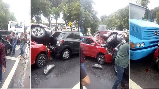 Imagem Vídeos: caminhão, quatro carros e ônibus se envolvem em engavetamento na Cambona