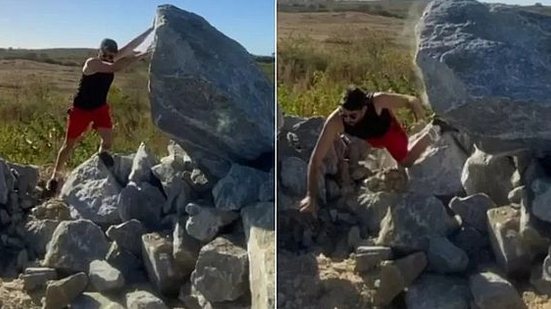 Momento em que pedra cai sobre radialista que tirava fotos no município de Cedro | Reprodução