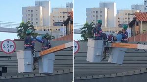 Imagem Vídeo: homem é resgatado após dormir em cima de viga sobre túnel em Fortaleza