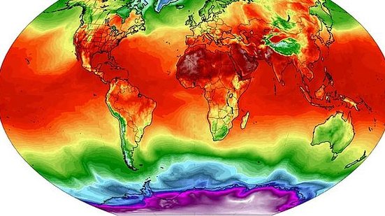 Mapa de calor do Climate Reanalyzer da Universidade do Maine mostra a temperatura média global no último dia 3 de julho de 2023 | Climate Reanalyzer