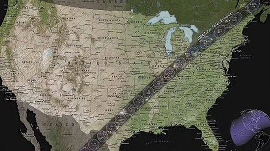 Mapa por onde será observar o eclipse solar | Reprodução / NASA