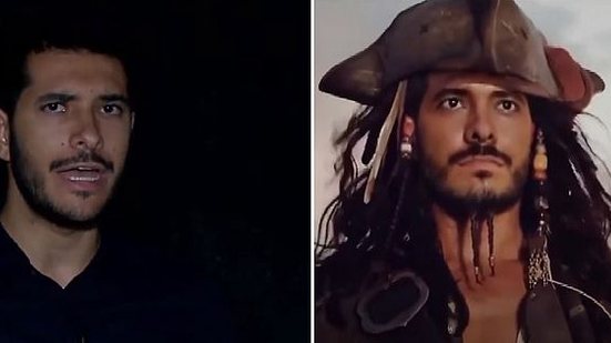 À esquerda, o repórter Bruno Protasio durante a matéria especial. Já do outro lado, a imagem do jornalista utilizada para ilustrar o uso da IA no personagem Jack Sparrow | Reprodução / TV Pajuçara