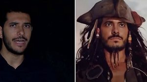 À esquerda, o repórter Bruno Protasio durante a matéria especial. Já do outro lado, a imagem do jornalista utilizada para ilustrar o uso da IA no personagem Jack Sparrow | Reprodução / TV Pajuçara