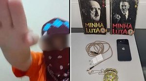 Foi encontrado um video do suspeito realizando saudação nazista, além de dois livros de Adolf Hitler | Divulgação/PC