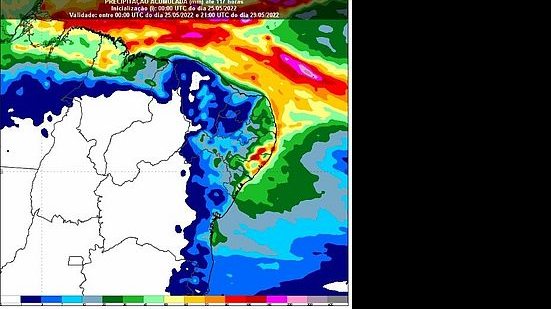 Mapa da previsão da precipitação acumulada (mm) no período de 25 a 29/05 | Divulgação/Inmet