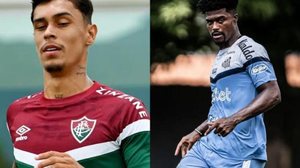 Na esquerda, Vitor Mendes no treino do Fluminense. Na direita, Bauermann em treino do Santos. | Foto: Mailson Santana/Fluminense FC e Raul Baretta/Santos FC