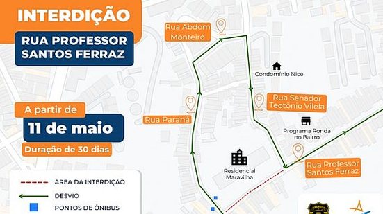 Mapa ilustrativo com a rota de desvio para veículos e linhas de ônibus | Secom Maceió