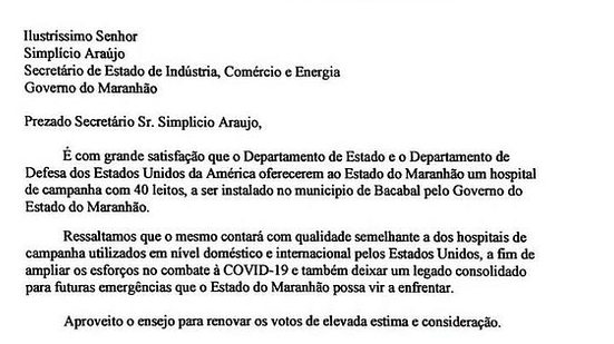 Ofício enviado pelo consulado dos Estados Unidos ao Governo do Maranhão | Reprodução