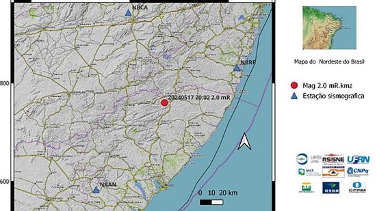 Nesta sexta-feira, 17 de maio, o Laboratório Sismológico da UFRN registrou um tremor de terra na região do município de Colônia Leopoldina, no estado de Alagoas. Magnitude preliminar indicada pela bola vermelha no mapa | Reprodução / LabSis/UFRN