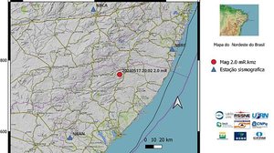 Nesta sexta-feira, 17 de maio, o Laboratório Sismológico da UFRN registrou um tremor de terra na região do município de Colônia Leopoldina, no estado de Alagoas. Magnitude preliminar indicada pela bola vermelha no mapa | Reprodução / LabSis/UFRN