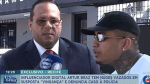 Arthur Braz deu uma entrevista ao Balanço Geral, da Record, sobre o caso ao lado do seu advogado, Rafael Nunes e ambos caíram na risada | Reprodução / Record