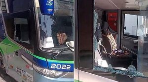 Imagem mostra janela quebrada do ônibus na manhã desta terça-feira, 23, em Pajuçara | Cortesia ao TNH1