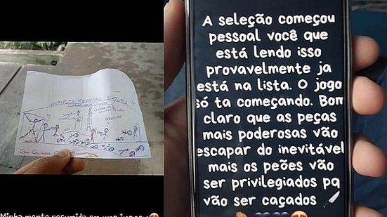 O desenho que faria alusão a massacre (à esquerda) e a mensagem supostamente ameaçadora divulgada nas redes sociais | Divulgação