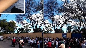 Estudantes realizaram protesto na frente da escola, nesta quarta-feira. Em menor destaque, a imagem do braço da aluna, que teria sido puxada por professor | Cortesia ao TNH1