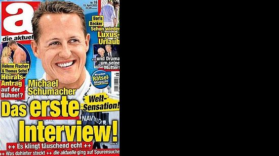 Capa da revista alemã Die Aktuel ao publicar "entrevista" com Michael Schumacher gerada por inteligência artificial, em 15 de abril de 2023 | Reprodução