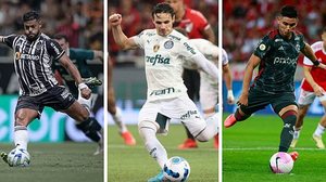 Hulk, Raphael Veiga e Alcaraz em cobranças de pênalti por Atlético-MG, Palmeiras e Flamengo | Pedro Souza / Atlético MG | Cesar Greco / Palmeiras | Agif / Folhapress