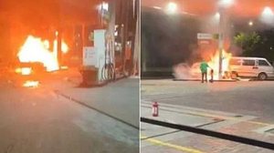 Um motorista invadiu um posto de gasolina em Mauá, na Grande São Paulo, na madrugada desta quinta-feira (12), e bateu em uma bomba de combustível, que explodiu | Reprodução