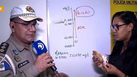 O major Navarro e a repórter Mônica Ermírio durante o teste para comprovar se pão de forma tem teor alcoólico | Reprodução / TV Pajuçara