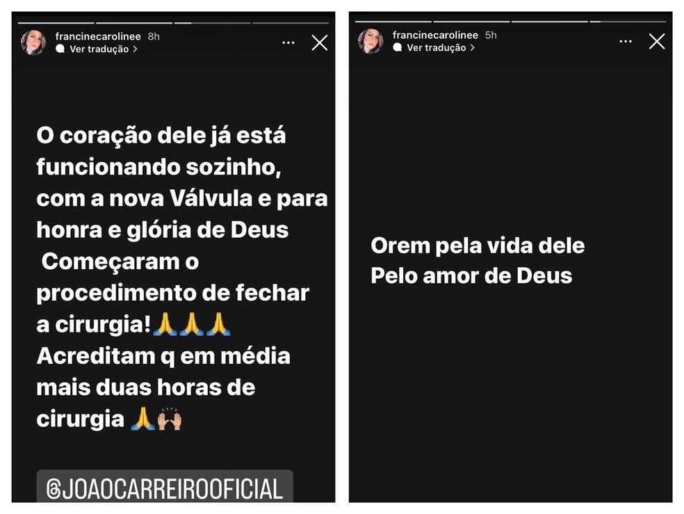 Mulher de Jo&amp;atilde;o Carreiro publicou mensagem pedindo ora&amp;ccedil;&amp;otilde;es &amp;mdash; Foto: Reprodu&amp;ccedil;&amp;atilde;o/Instagram