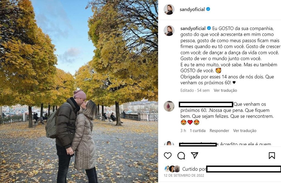 A postagem de Sandy no anivers&amp;aacute;rio de casamento em 2022 &amp;mdash; Foto: reprodu&amp;ccedil;&amp;atilde;o/ instagram