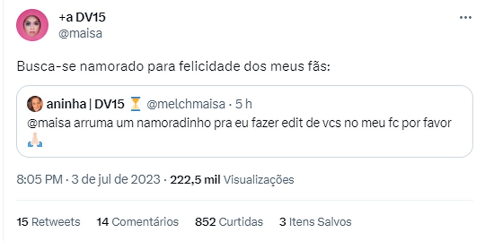 Maisa Silva posta sobre buscar um novo namorado &amp;mdash; Foto: Twitter