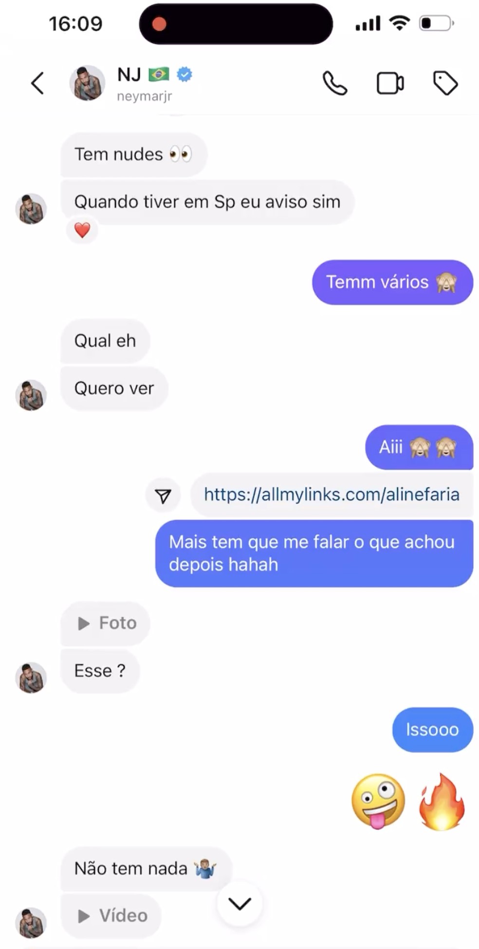 Conversa de Neymar e Aline Faria &amp;mdash; Foto: Reprodu&amp;ccedil;&amp;atilde;o: Instagram