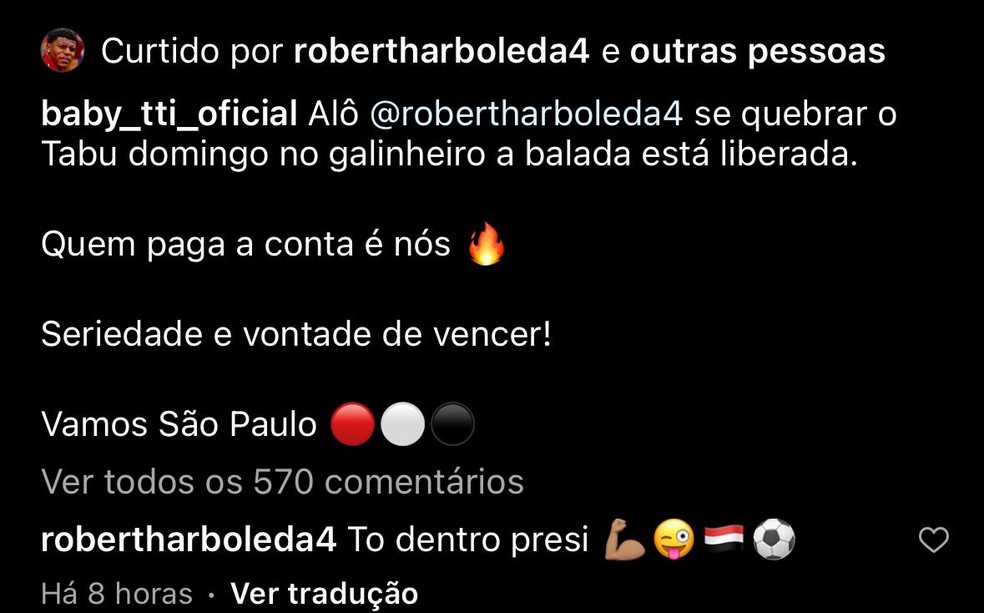 Arboleda responde post de presidente de organizada do S&amp;atilde;o Paulo &amp;mdash; Foto: Reprodu&amp;ccedil;&amp;atilde;o/Instagram