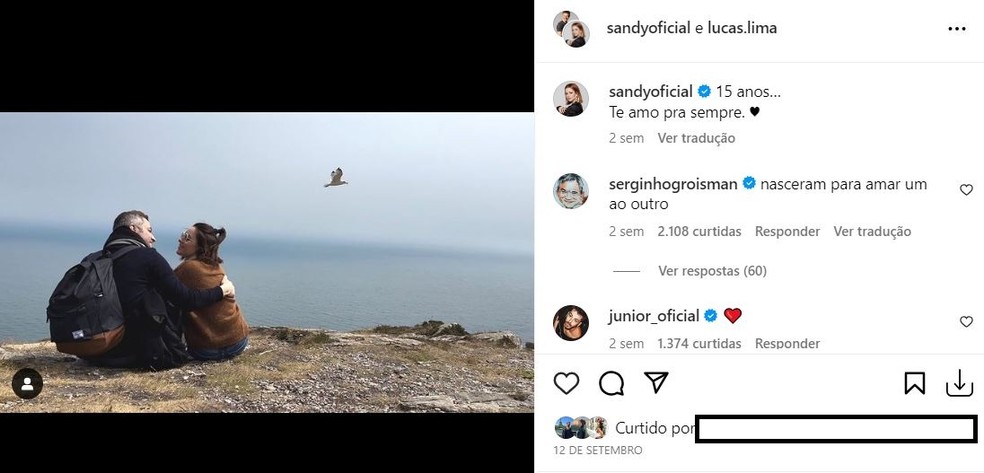 Em 2023, Lucas Lima apenas compartilhou a publica&amp;ccedil;&amp;atilde;o de Sandy no anivers&amp;aacute;rio de casamento deles &amp;mdash; Foto: reprodu&amp;ccedil;&amp;atilde;o/ instagram