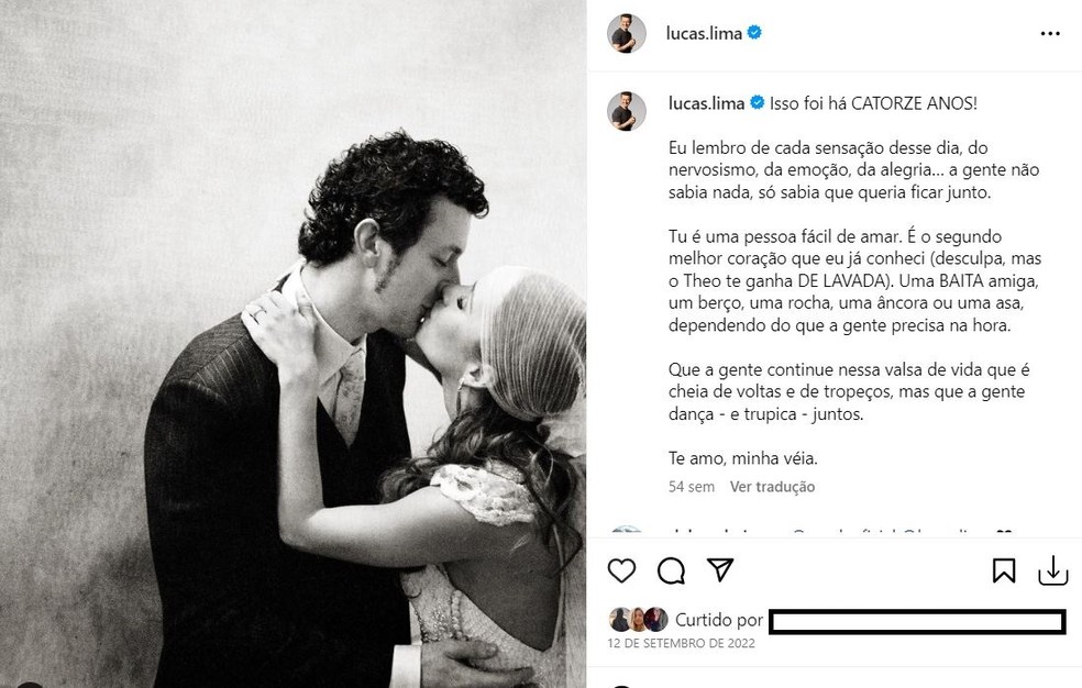 A postagem de Lucas no anivers&amp;aacute;rio de casamento em 2022 &amp;mdash; Foto: reprodu&amp;ccedil;&amp;atilde;o/ instagram