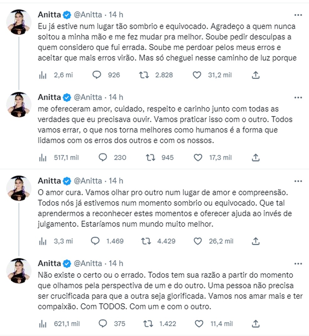 Anitta faz postagem reflexiva e internautas associam &amp;agrave; pol&amp;ecirc;mica entre Gkay e Porchat &amp;mdash; Foto: Reprodu&amp;ccedil;&amp;atilde;o/Twitter/Anitta