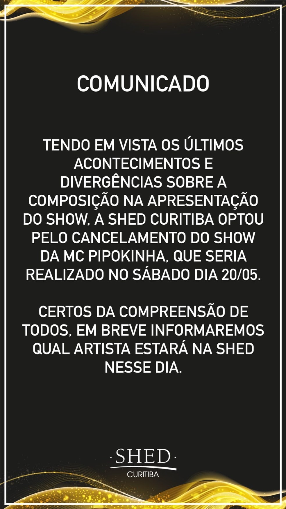 Boate anuncia cancelamento de show com MC Pipokinha &amp;mdash; Foto: Reprodu&amp;ccedil;&amp;atilde;o Instagram