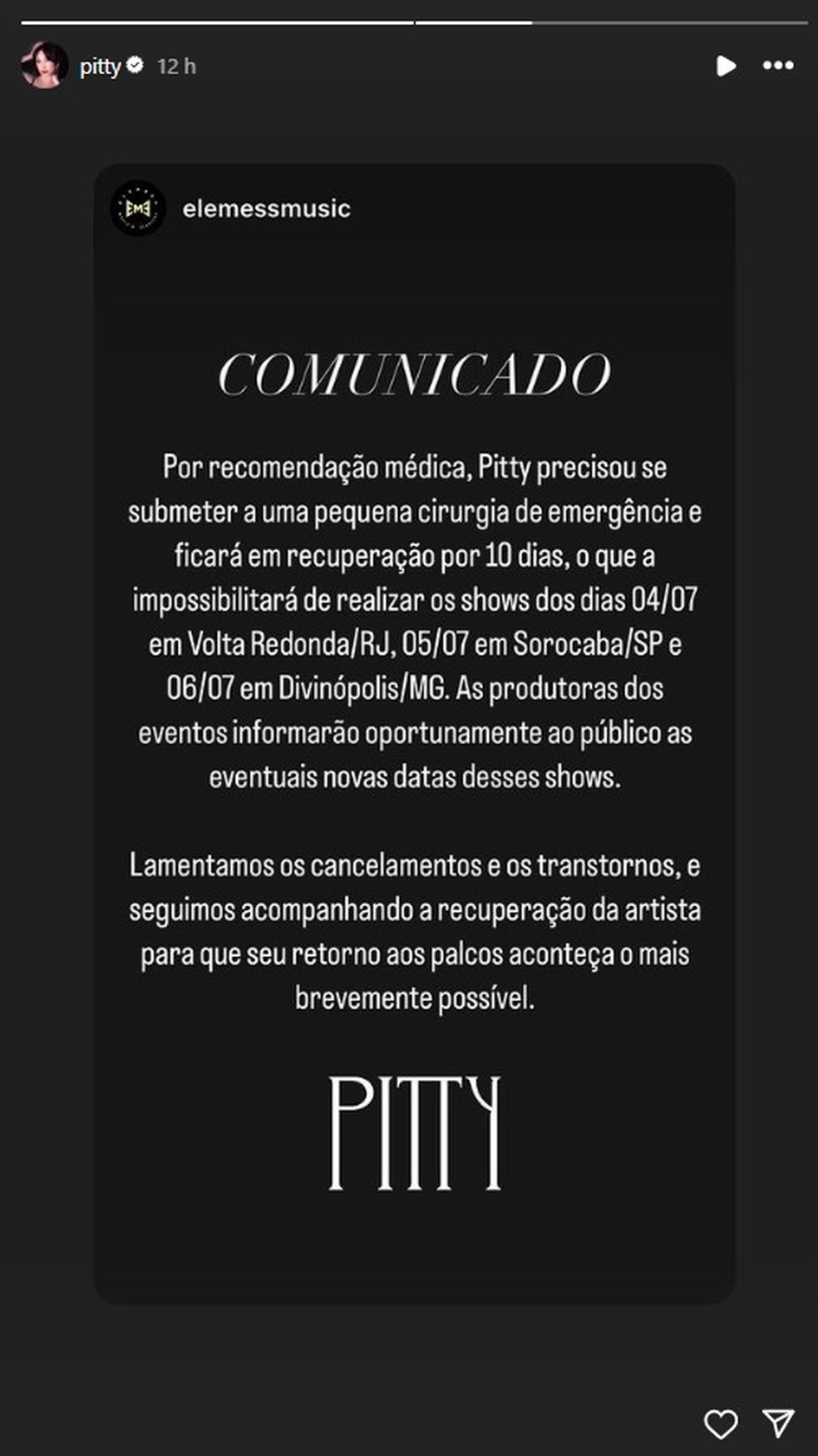 Pitty passa por cirurgia de emerg&amp;ecirc;ncia e cancela shows &amp;mdash; Foto: Reprodu&amp;ccedil;&amp;atilde;o/Instagram