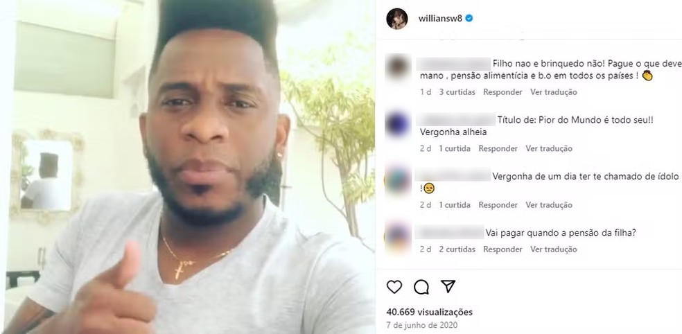 Willians &amp;eacute; cobrado pelo p&amp;uacute;blico nas redes sociais por n&amp;atilde;o pagamento de pens&amp;atilde;o para a filha &amp;mdash; Foto: Reprodu&amp;ccedil;&amp;atilde;o